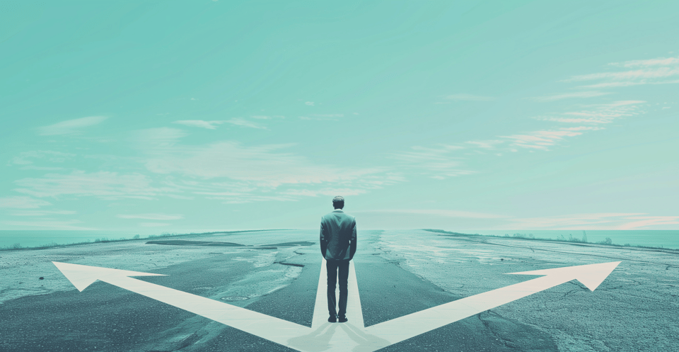 Man at a fork in the road, choosing between a standard Shopify NetSuite connector and an order management system