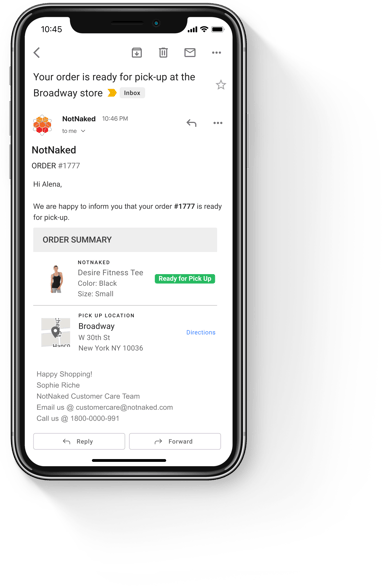Ready-for-pickup email notification showing the customer’s item, Broadway store address, and a directions link.
