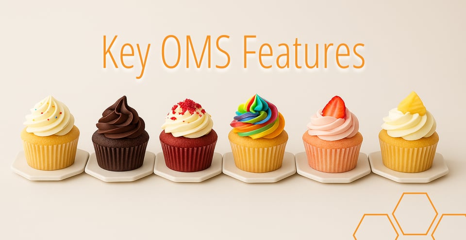 Key features of an order management system, shown as a row of cupcakes