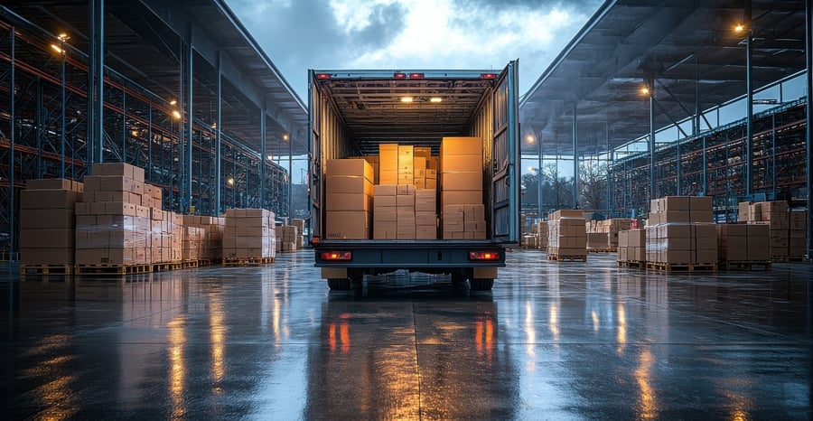 Delivery truck loaded with boxes in a warehouse, a well-organized inventory transfer system