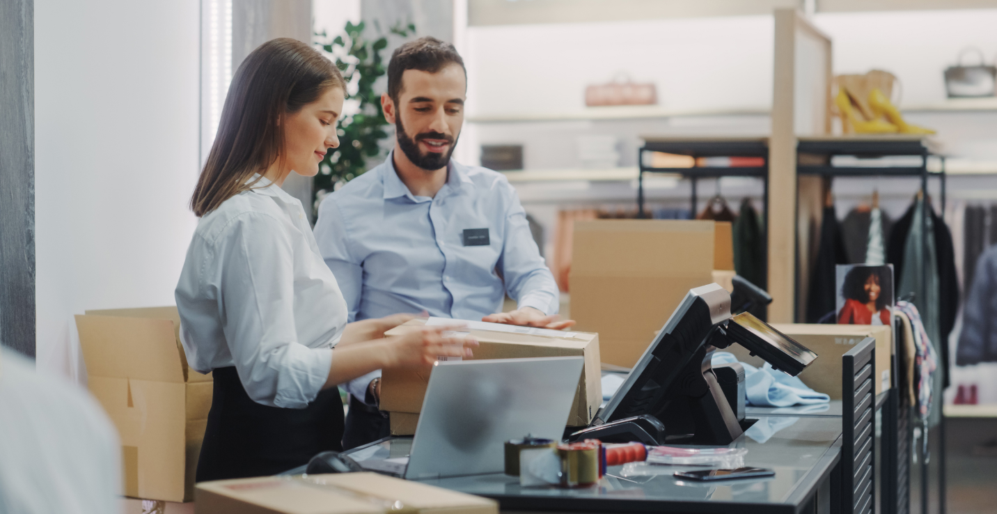 Two store associates packing online orders at a checkout counter, a ship from store order fulfillment strategy