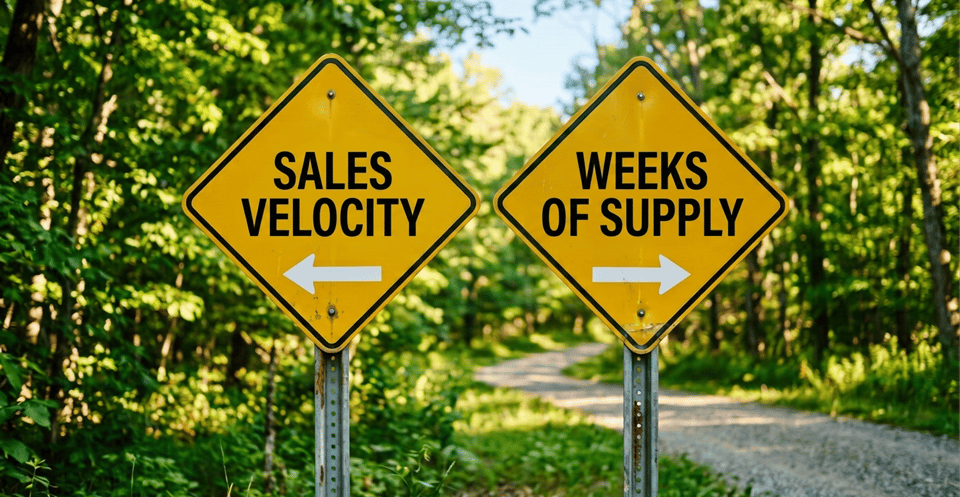 Road signs pointing to 'Sales Velocity' and 'Weeks of Supply,' illustrating retail order routing strategies for inventory management and store fulfillment optimization.