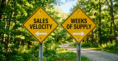 Road signs pointing to "Sales Velocity" and "Weeks of Supply," illustrating retail order routing strategies for inventory management and store fulfilment optimisation.