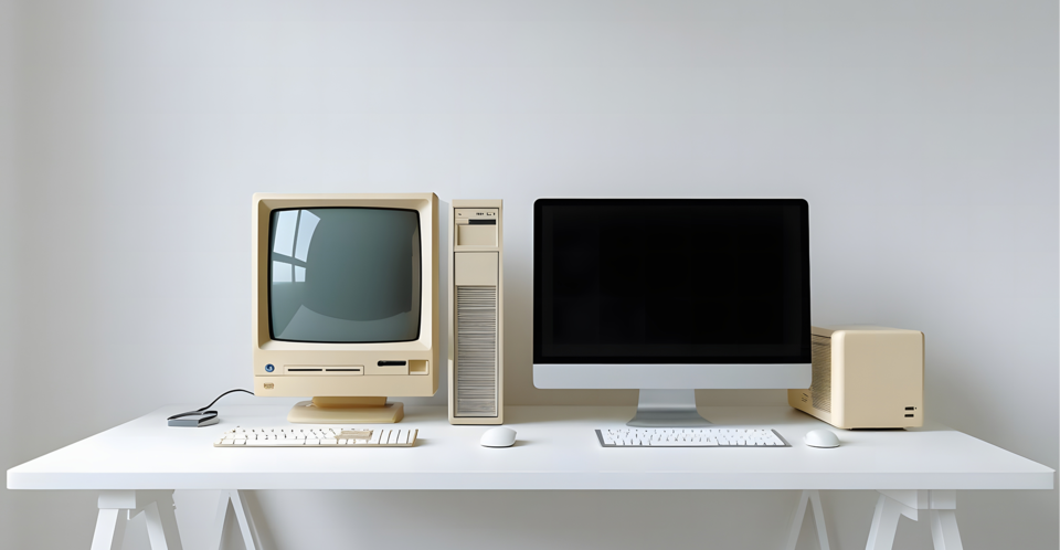 A legacy vintage computer setup next to a modern desktop setup, representing a retailer's transition from legacy OMS to modern OMS like HotWax.