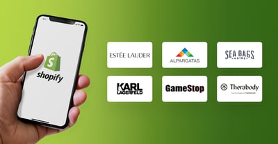Shopify on a phone next to Estée Lauder, GameStop, Therabody, and other brands that migrated to Shopify Plus