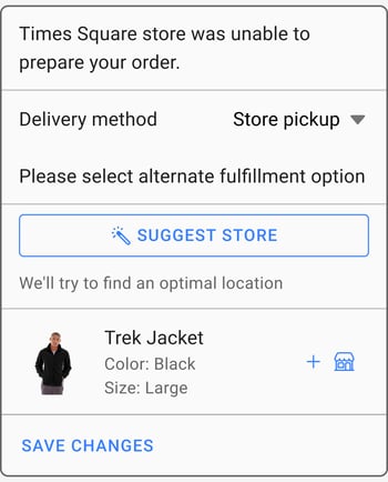 When a customer places a BOPIS order, but the store associate finds that the product is not available to sell at the store as it is damaged. Then the store associate rejects the order and the customer is prompted to cancel the order or select an alternative store where the product is available.