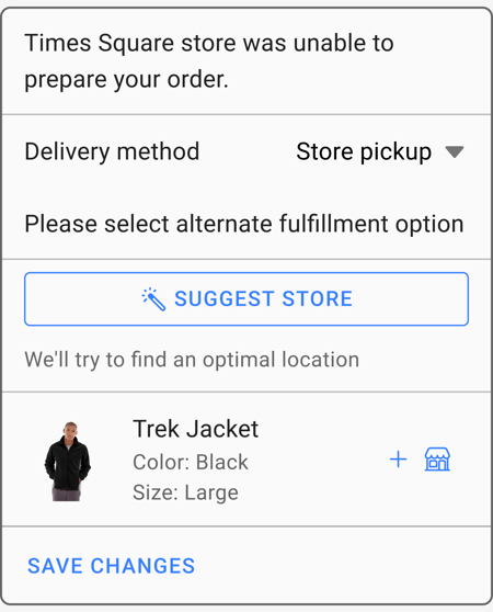 When a customer places a BOPIS order, but the store associate finds that the product is not available to sell at the store as it is damaged. Then the store associate rejects the order and the customer is prompted to cancel the order or select an alternative store where the product is available.
