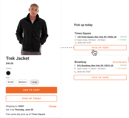 Trek Jacket product page showing same-day store pickup at Times Square and Broadway