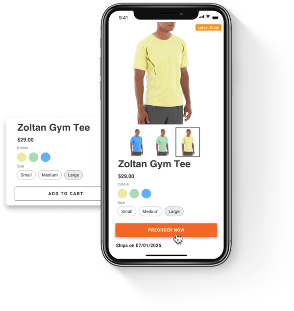 Pre-order product page with a preorder now button in HotWax Commerce, compared with Shopify