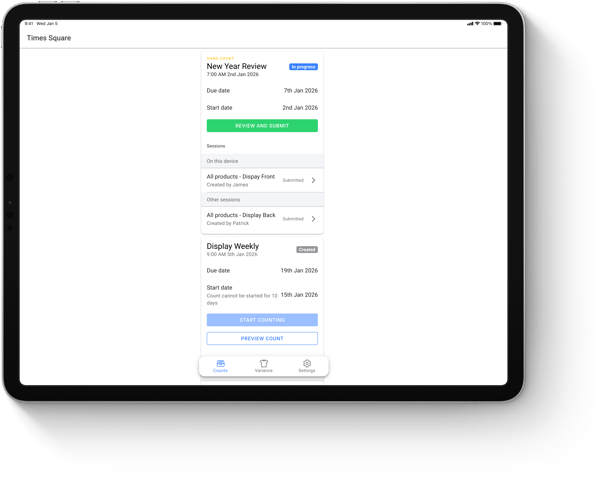 Store view of upcoming cycle counts with start dates, due dates, and a preview option