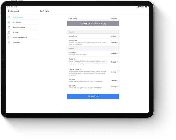 Bulk upload screen for creating cycle counts from a template