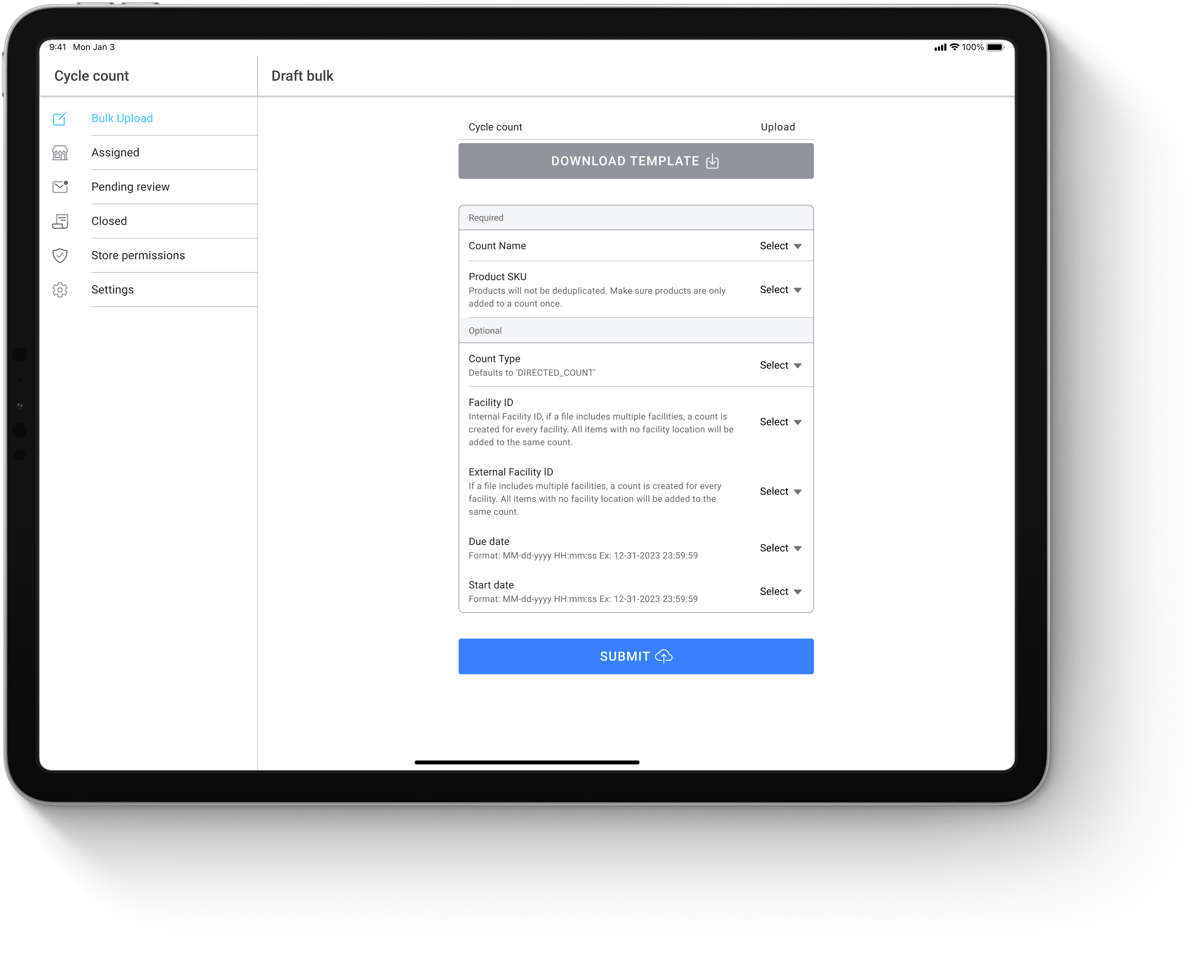Bulk upload screen for creating cycle counts from a template