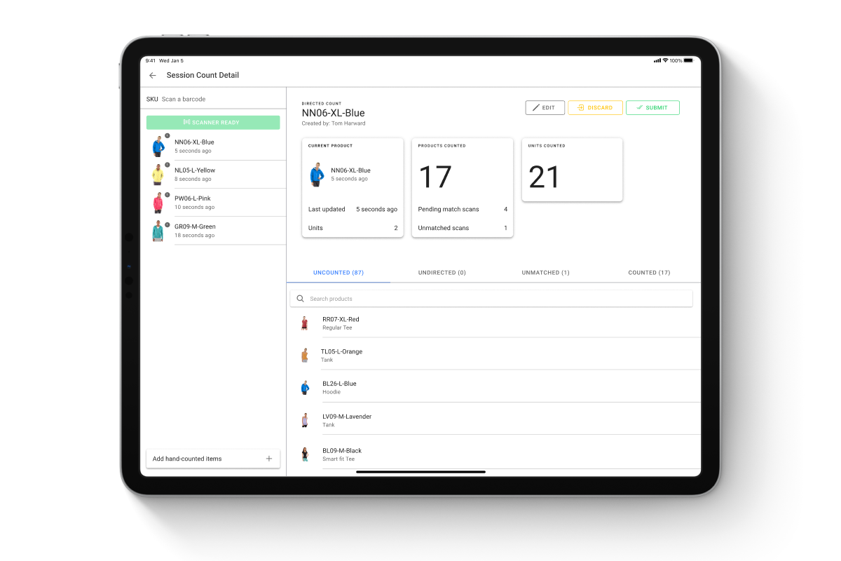 Tablet showing the HotWax Cycle Count App with an active inventory count and item progress.
