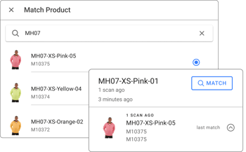 Match Product screen linking an unmatched scan to the correct SKU