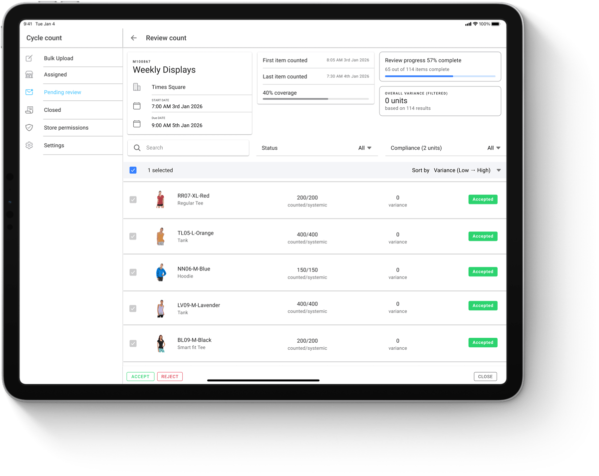 Retail ops review screen listing cycle count variances by item
