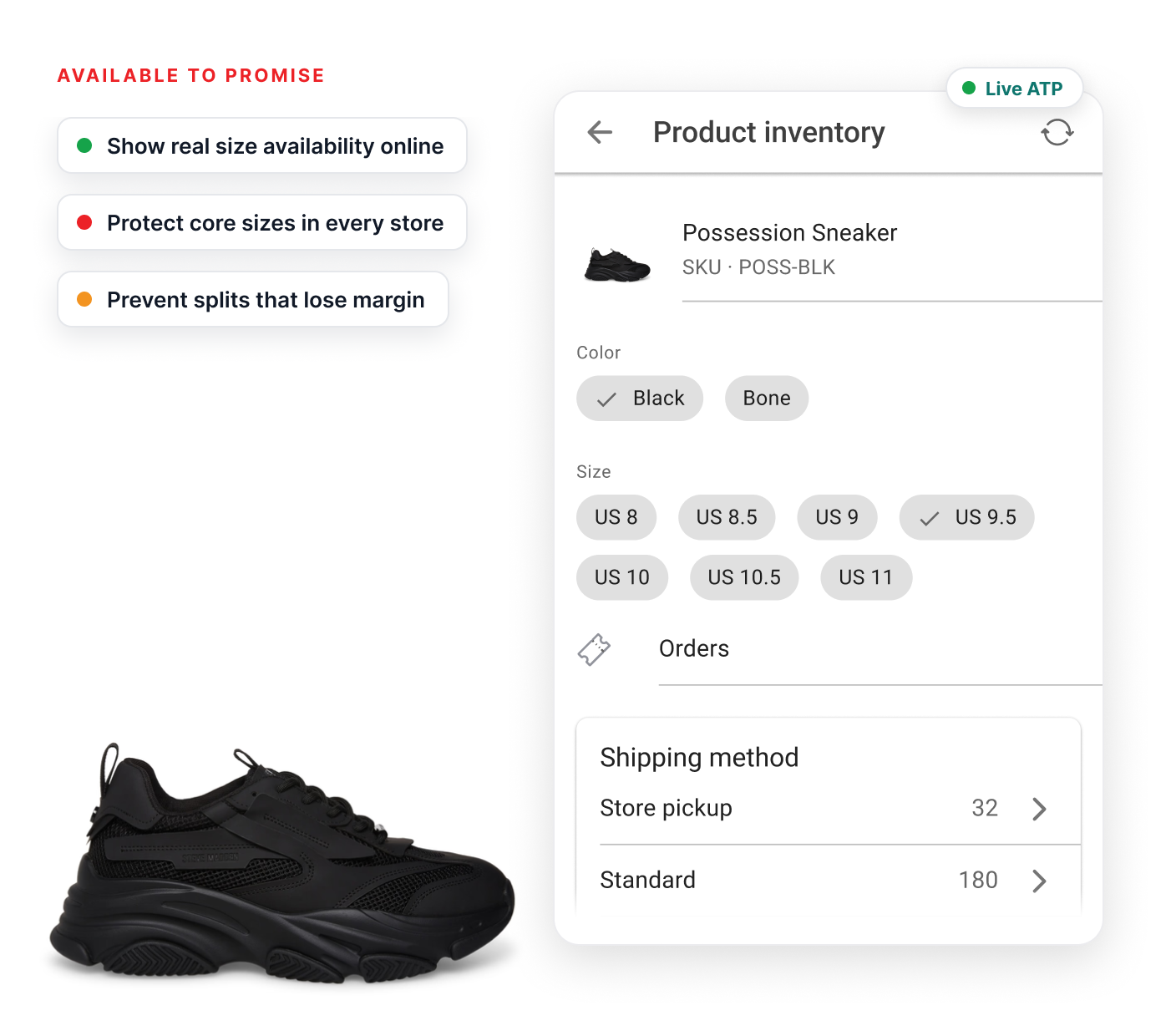 HotWax Commerce footwear order management showing available to promise inventory by size