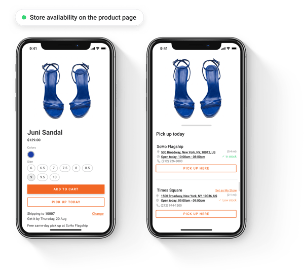 Product detail page showing footwear size availability by store for in-store pickup