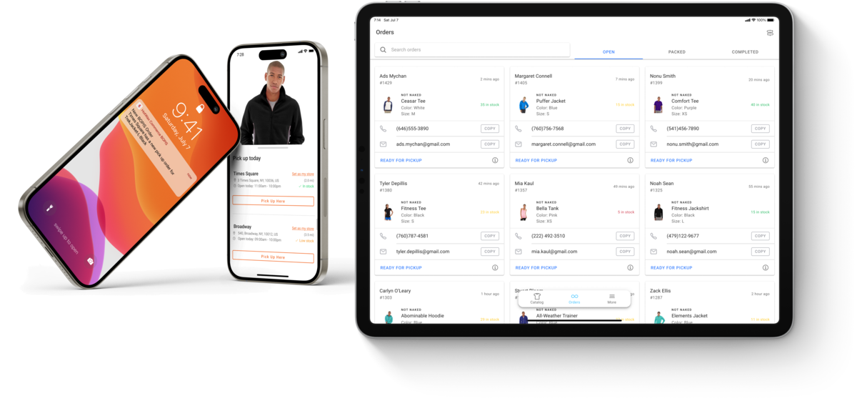 HotWax Commerce omnichannel order management on phone and tablet, linking online orders, store inventory, and fulfillment