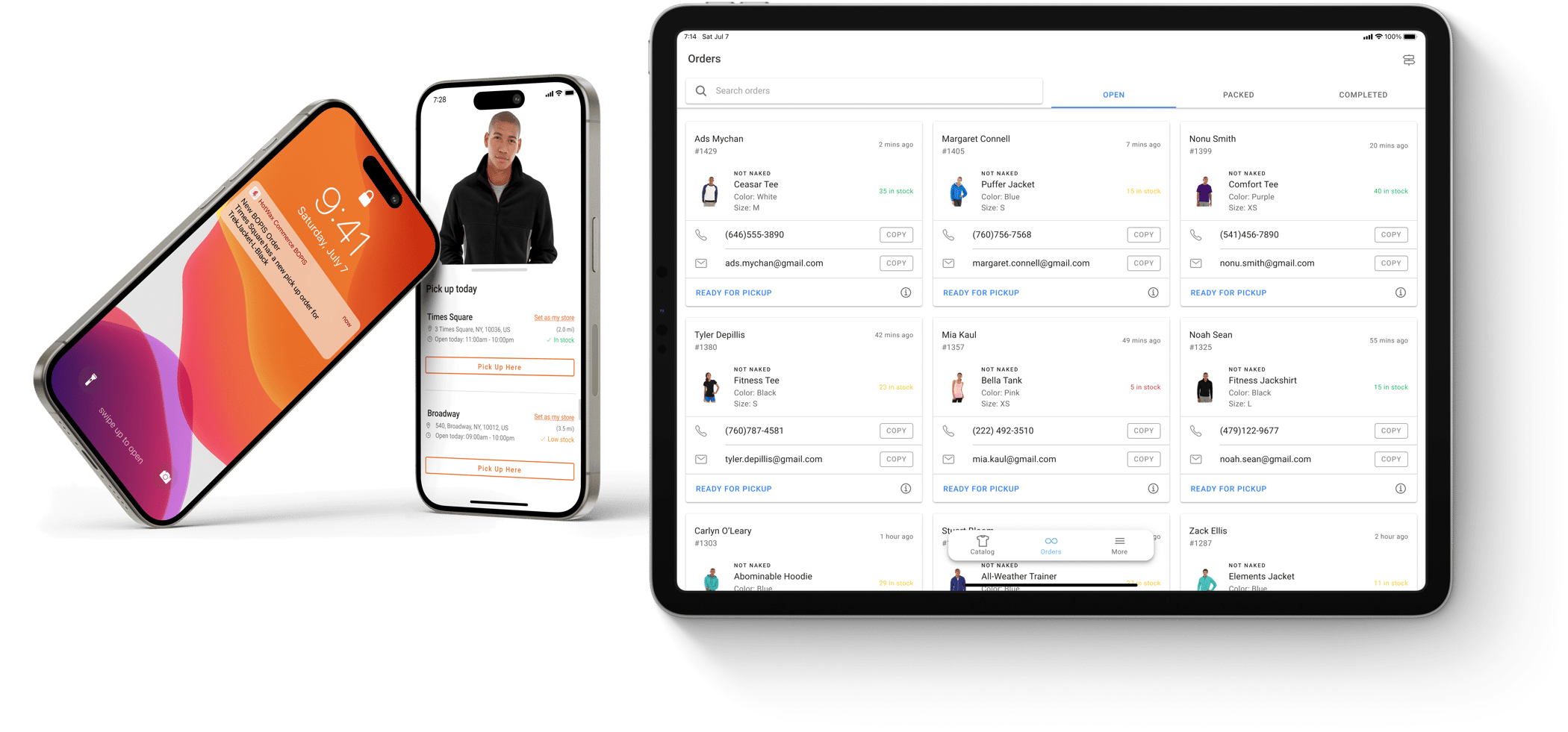 HotWax Commerce omnichannel order management on phone and tablet, linking online orders, store inventory, and fulfillment