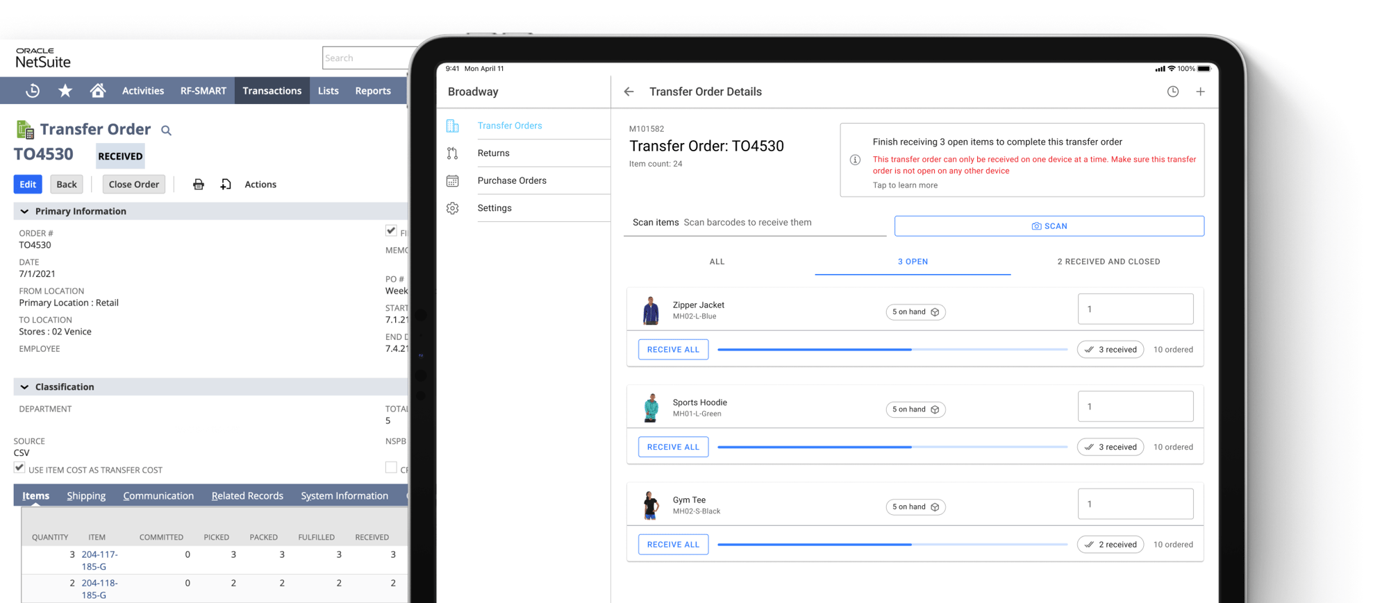 NetSuite transfer order receiving in HotWax receiving app