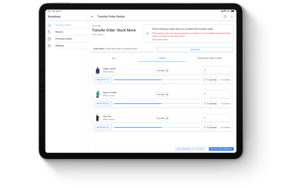 HotWax Commerce Receiving App tracking on-hand inventory, received quantities, and progress for an inventory transfer.