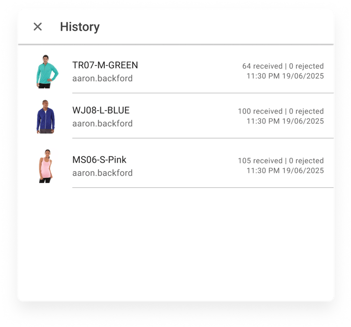 Receiving history for inventory transfers with items and quantities received