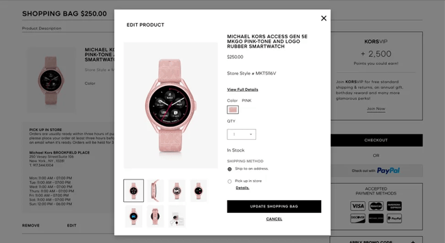 How Michael Kors allows changing order details on the cart page