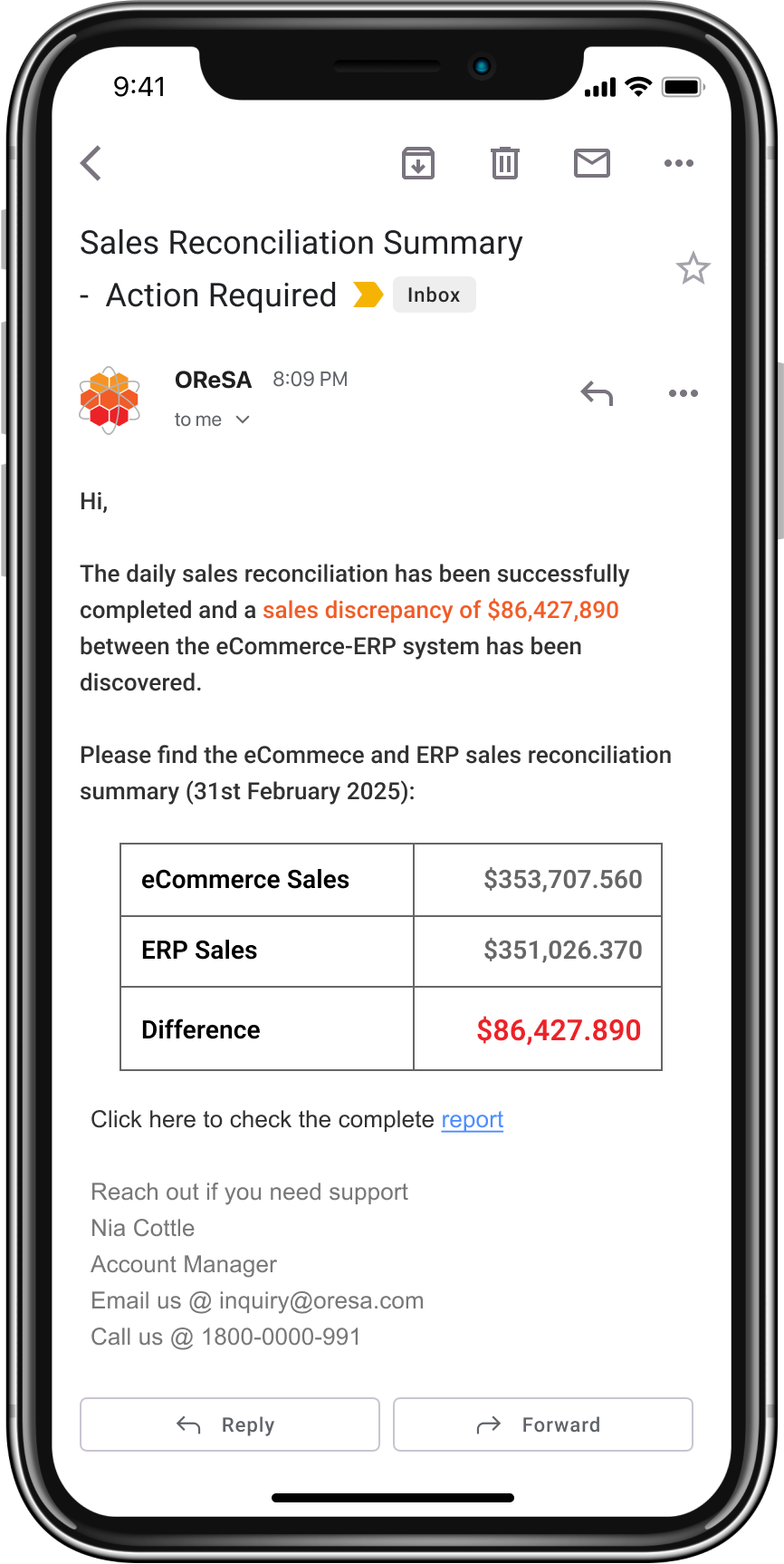 Reconciliation email on mobile screen