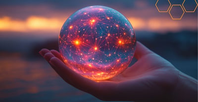 Glowing network sphere held in a hand at sunset, a symbol of omnichannel retail trends for 2026