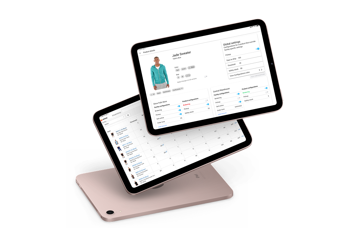 Tablets displaying product configuration and inventory controls for Shopify in HotWax Commerce.