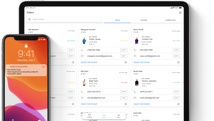 BOPIS order fulfillment on a tablet with a new pickup order alert on a phone