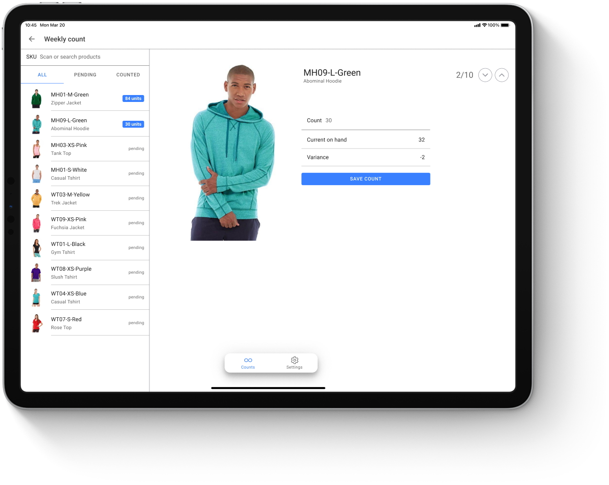 Cycle count on a tablet in the order management system for Shopify