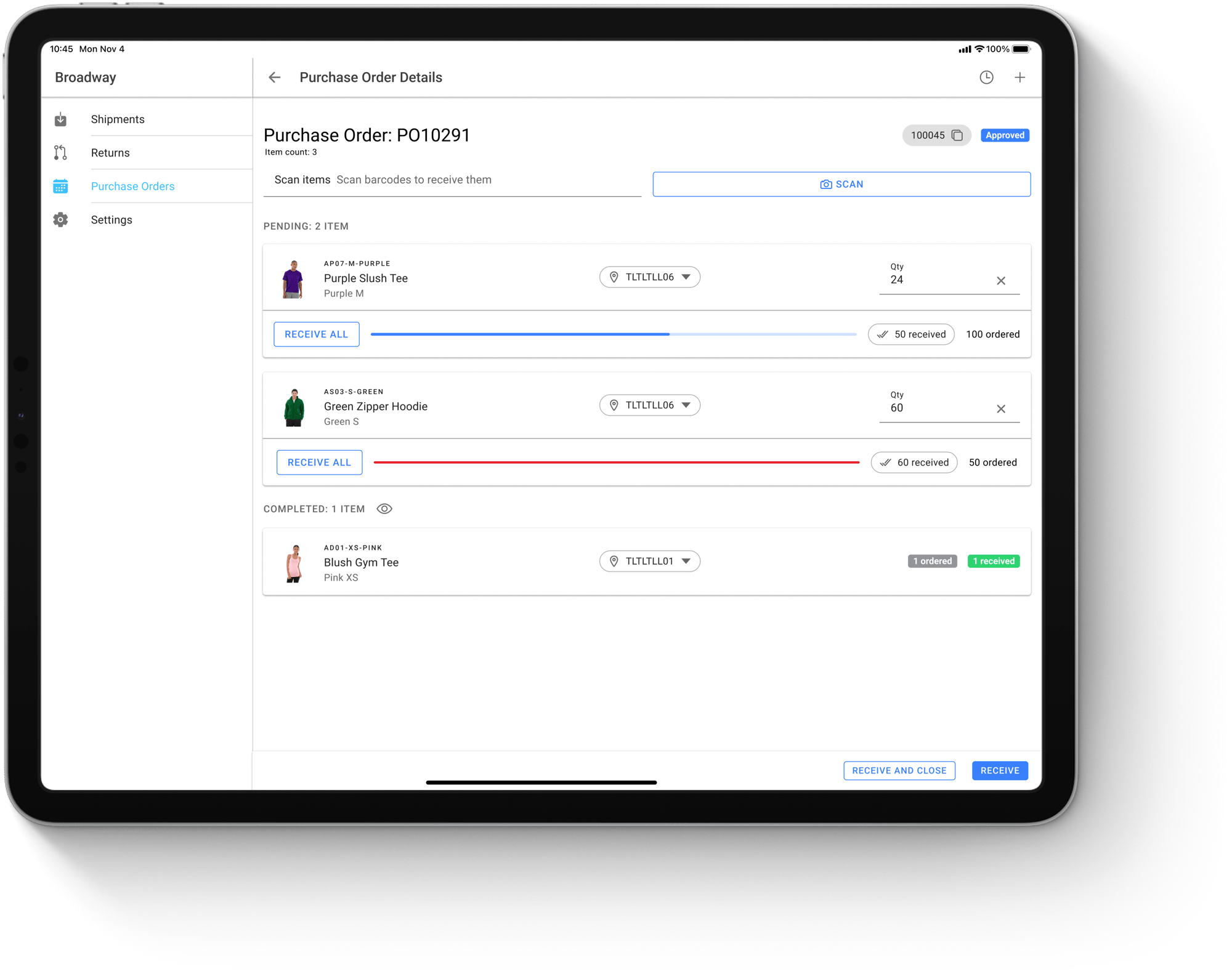 Receiving purchase orders on a tablet in the order management system for Shopify