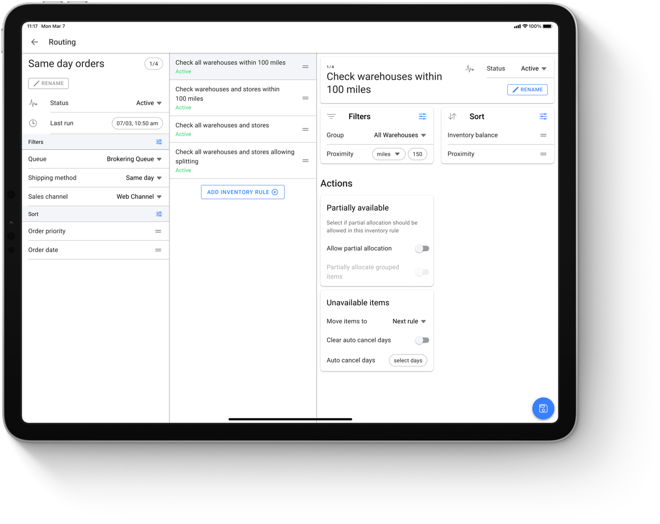 Order routing app on a tablet showing a configurable routing rule