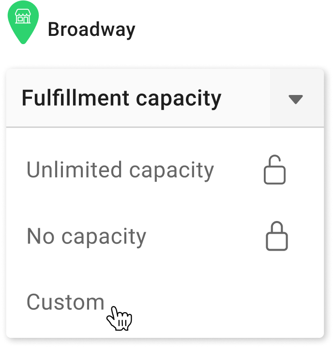 Order routing fulfillment capacity menu for a store: unlimited, none, or custom