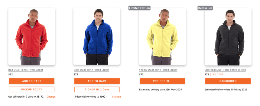 Showing products availability on product detail page includes items available for store pickup, pre-order and backorder.