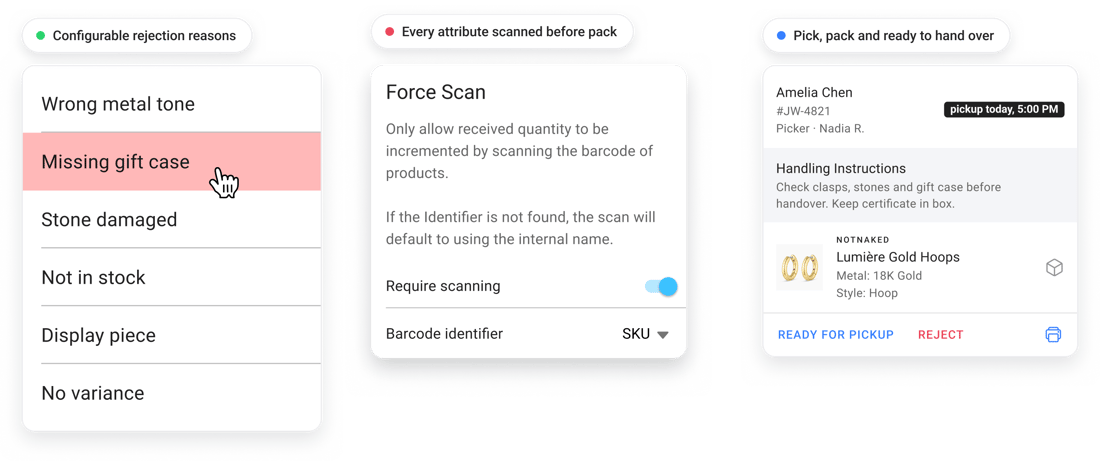 HotWax Commerce jewelry scan to pick verification, high value pickup preparation, and configurable rejection reasons