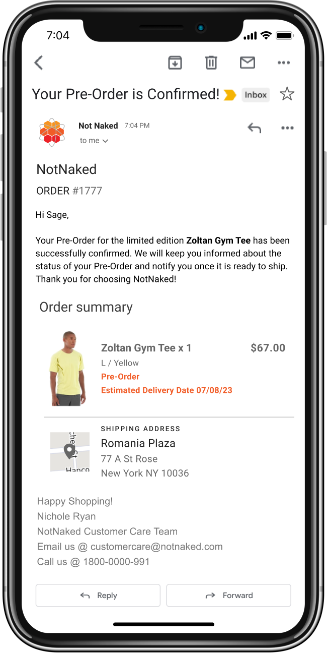 Pre-Order Confirmation email
