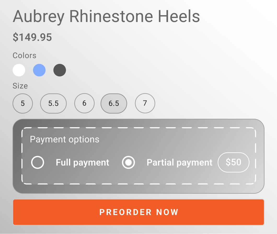 Pre-order product page offering full or partial payment for Aubrey Rhinestone Heels