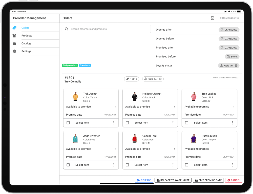 Releasing pre-orders to fulfillment on a tablet in HotWax pre-order management