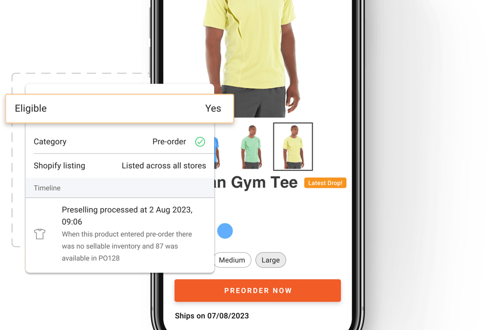 Shopify product page with a pre-order button from the synced pre-order catalog