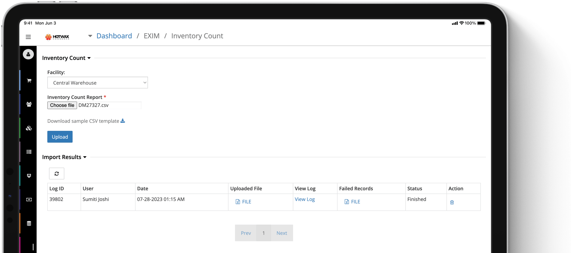 Tablet showing inventory variances imported from a CSV file, in the HotWax Commerce July 2023 release