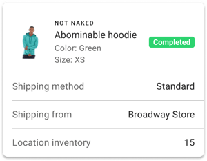Completed order item card shipped from the Broadway Store with location inventory, in the HotWax Commerce July 2023 release