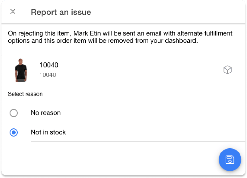 Report an issue screen for partially rejecting an order item, in the HotWax Commerce November and December 2023 release