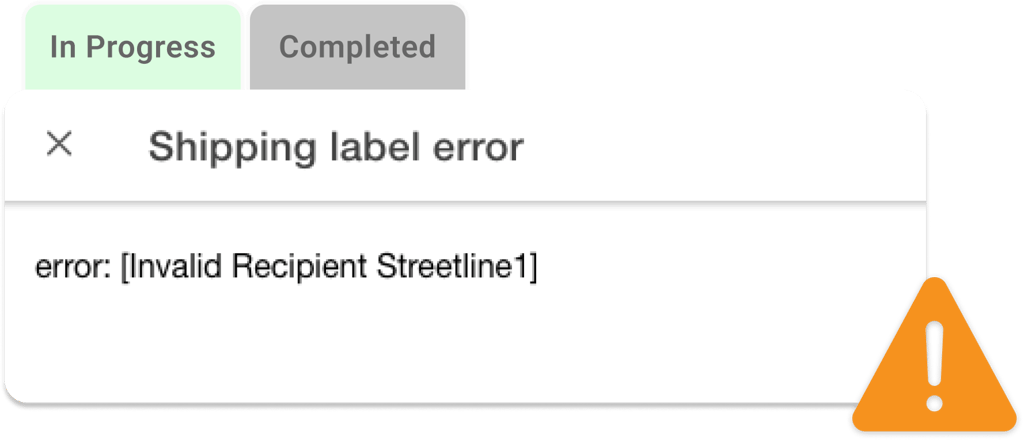 Shipping label error message for an invalid recipient address, in the HotWax Commerce November and December 2023 release