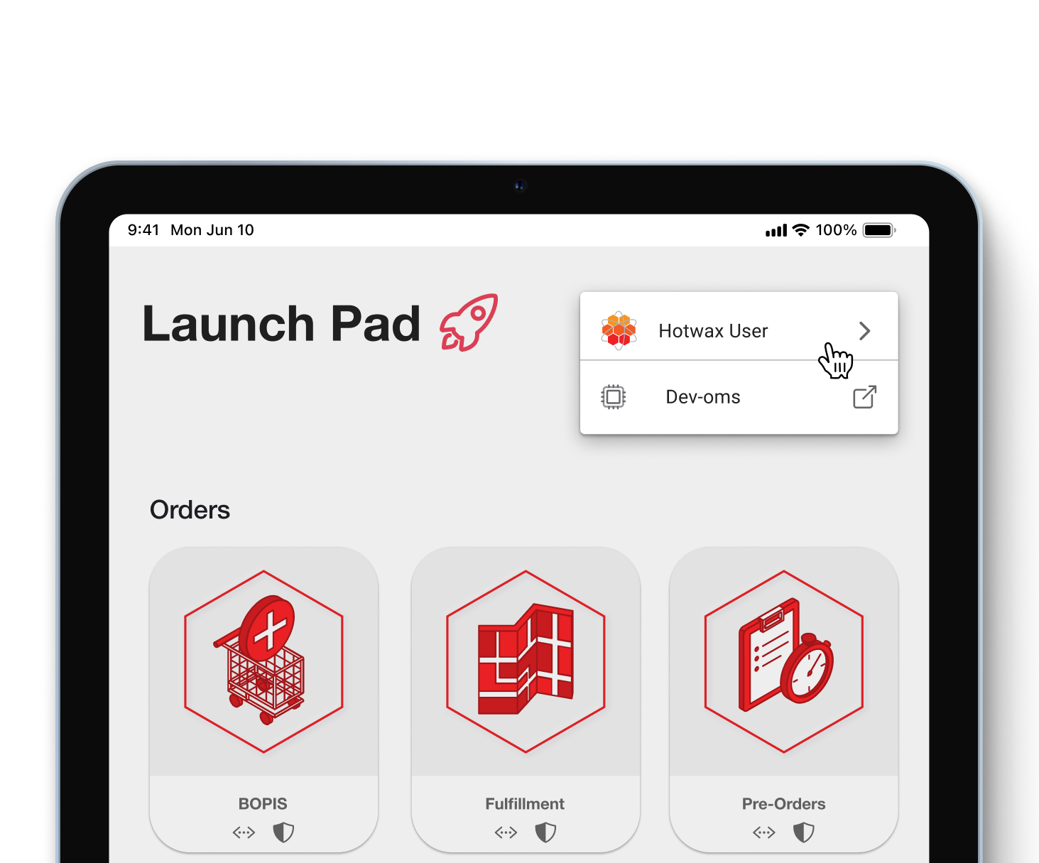 Launchpad showing the user profile menu, in the HotWax Commerce August 2024 release