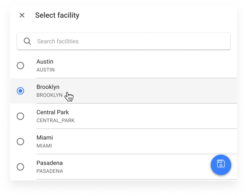 Select facility pop-up with a search box and a list of stores, in the HotWax Commerce March 2025 release