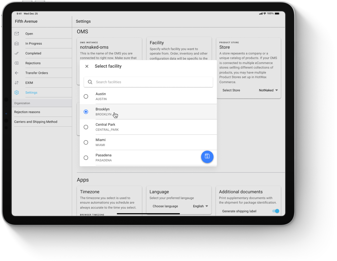Improved facility selector on a tablet showing full facility names, in the HotWax Commerce March 2025 release