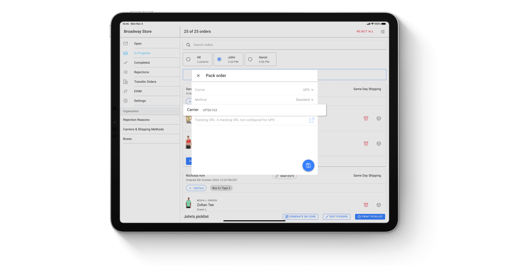 Tracking codes specified for a shipment, in the HotWax Commerce September 2024 release