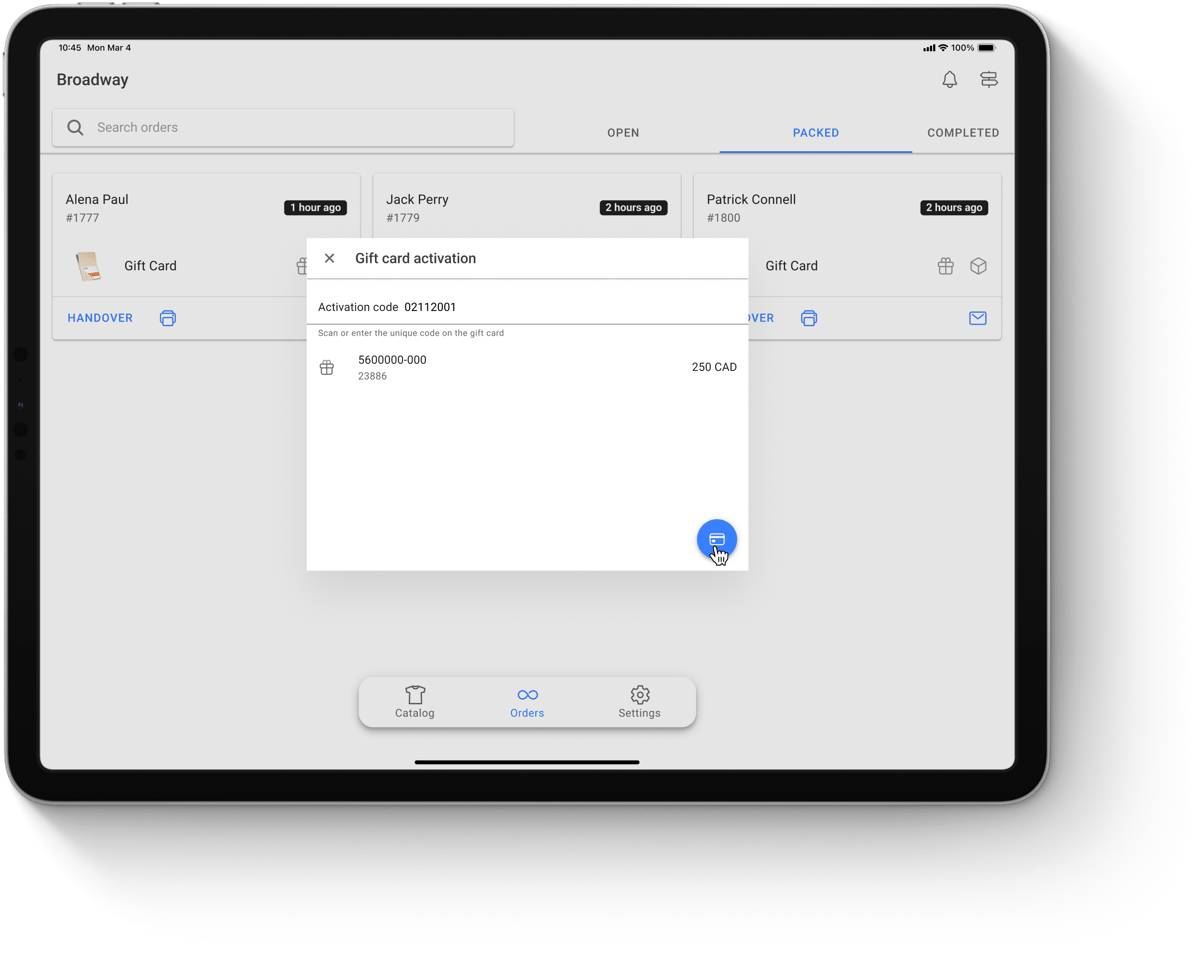 Gift cards activated from the BOPIS App, in the HotWax Commerce March 2025 release